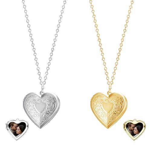 2Pcs Personalized Photo Locket Necklace Set for Women Men Exquisite Gold Silver Heart Locket That Holds 2 Pictures Valentine's Day Thanksgiving Anniversary Birthday Gifts - style: Style C