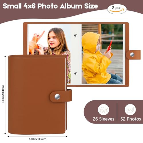 Ruibytree 2 Pack Small Photo Albums 4x6 Pictures, 104 Photos Total, Brown | PU Leather Cover, Acid-Free Clear Pockets, Secure Snap Closure, Compact Design for Kids, Travel, Wedding & Family Memories - color: Brown