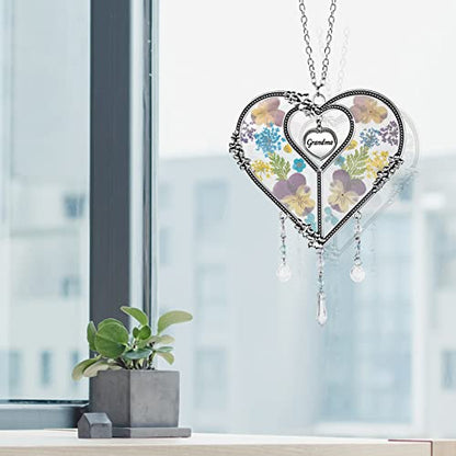 LARAINE Heart Suncatcher with Pressed Flower Wings Mom Mother's Day Love Glass Wind Chime Ornament Charm with Metal Heart Gifts for Mom Grandma Aunt Birthday (Grandma, Blue) - size: Grandma