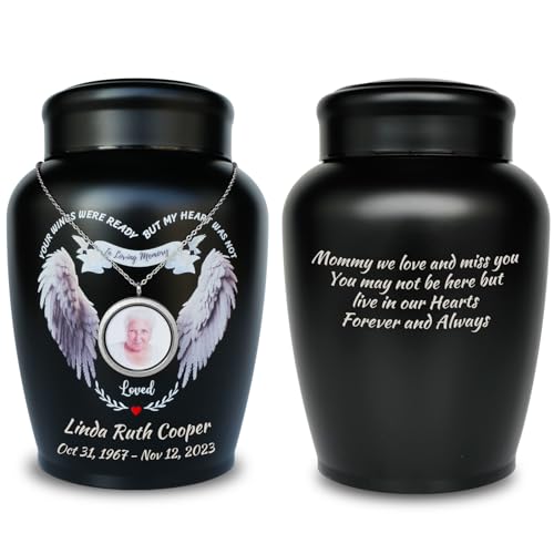 Personalized Custom Photo Cremation Urns, Both Customizable Picture Necklace and Customizable Text Engraving, 180 lbs Urn for Human Ashes Adult Female & Male (Black, Large, Angel Wings) - color: Black - Wings With Photo, size: Custom
