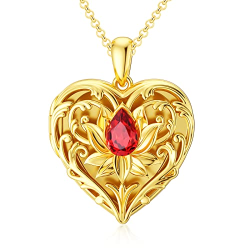 SOULMEET 10K 14K 18K Solid Gold Personalized Sunflower/Starburst/Cross/Rose/Lotus/Butterfly/Turtle/Celtic/Bee Heart Locket Necklace That Holds Picture Gift Choice - style: V1-Solid gold lotus locket only