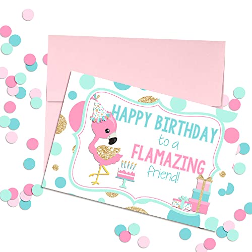 FLAMAZING Friend Flamingo Themed Birthday Pun Themed Single (1) All Occasion Blank Birthday Card To Send To Friends & Family, 4"x 6" (when folded) Fill In Greeting Note Card by AmandaCreation - style: FLAMAZING Friend
