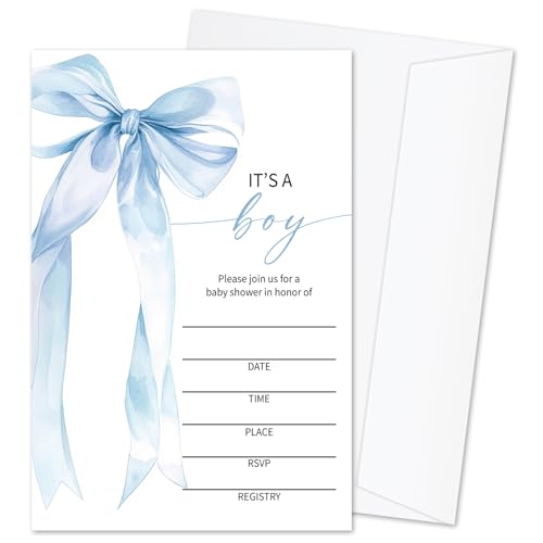Blue Bow Baby Shower Invitations for Boys, Baby Announcement Invite Cards, 25 Set of Fill-in Baby Shower Invites with Envelopes, Gender Reveal Party Supplies -B04 - color: Blue Bow