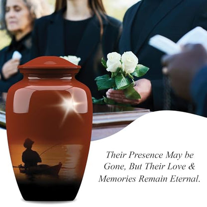 Forever URNS Adult Cremation Funeral Urn with Printed Fishing Man Theme for Human Ashes of Female & Male | 200 cu in | Large | Multicolor | Completely Handcrafted with Velvet Protection Bag