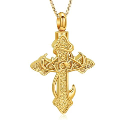 zeqingjw Cross Urn Necklace Fish Hook Cremation Jewelry for Ashes Pendant Stainless Steel Deer Antler Cross Memorial Human Pet Keepsake Ashes Holder for Men Women - color: Z-Gold