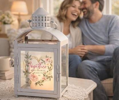 Magnolia Garden 10.5 Inch Grey Metal Arched Lantern – LED Candle Home Decor – Wedding Floral-Accented Heart – “TogetherIs My Favorite Place to Be - size: 4 x 4 x 10.5, style: Together Is My Favorite Place