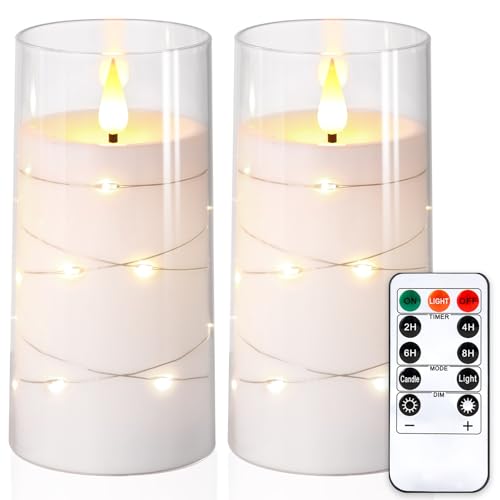 NURADA Flickering Flameless Candles: Built-in Star String Lights, Acrylic Battery Operated LED Pillar Candles with Remote and Timer for Romantic Mood Home Decoration - 2 Pack Pure White - color: Pure White, size: 6-6 inches