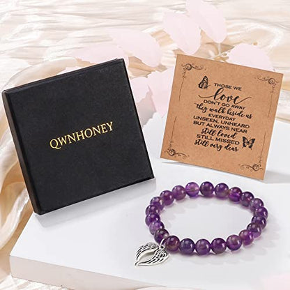QWNHONEY Memorial Gifts for Loss of Loved Sympathy Remembrance In Memory of Mother Father Pet Bereavement Grief Pink Red Beads Bracelet with Angle Wings Jewelry Gifts for Women - style: Purple-Wings-A piece of my heart is in Heaven