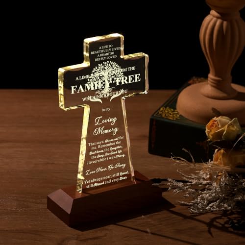 BLUEBOOK Sympathy Gifts for Loss of Loved One - Family Tree Religious K9 Crystal Cross 4.3x7 Inch,Memorial Gifts for Loss of Mom Dad with Laser Engraving,Condolences Bereavement Remembrance Gift in Memory of Pet Dog Cat - style: LED Glass Cross-Tree Light