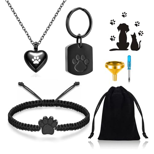 RIPFEVURN 3 Pcs Pet Cremation Jewelry Urn Necklaces Bracelet Keychain for Ashes for Women Men Cat Dog Paw Print Ashes Keepsake Memorial Jewelry - color: Black