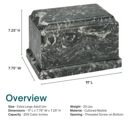 Ebony Olympus Cultured Marble Cremation Urn for Human Ashes, Black, Ground Burial, Home Display and Funeral Memorial - color: Ebony
