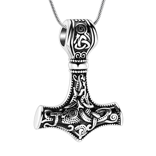 Mjolnir Thors Hammer Cremation Jewelry for Ashes Pendant - Thors Hammer Urn Necklace with Mini Keepsake Urn Memorial Ash Jewelry For Men/Women - color: Thor Hammer-Steel
