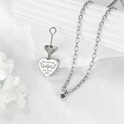 Family Members Urn Necklace for Ashes 925 Sterling Silver Angel Wings Heart Cremation Memorial Keepsake Pendant Jewelry for Loved One's Ashes, with 18" + 2" Stainless Steel Chain - style: Heart-Paw Print