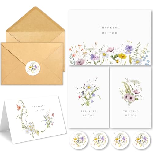 24 Thinking of You Cards with Envelopes, Watercolor Floral Designs | 4 Unique Floral Designs, 4”x6”, Thinking of You Cards, Encouragement Cards, Blank On The Inside, for Family, Friends, Mailing