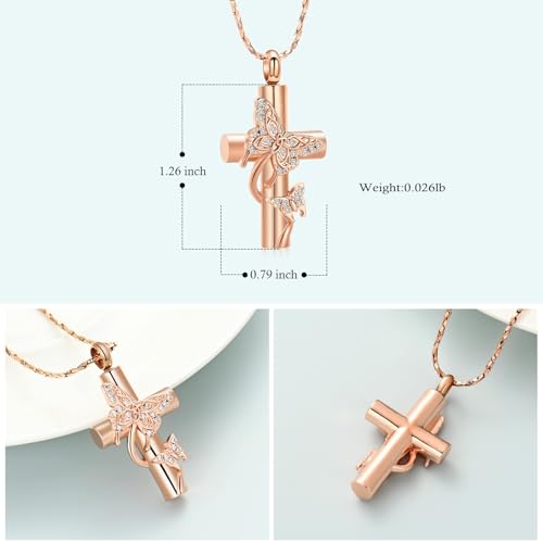 Imrsanl Butterfly Cross Urn Necklace for Ashes Men Women Cremation Jewelry Ashes Pendant for Human Memorial Ash Jewelry - color: Z-Rose Gold