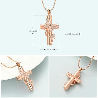 Imrsanl Butterfly Cross Urn Necklace for Ashes Men Women Cremation Jewelry Ashes Pendant for Human Memorial Ash Jewelry - color: Z-Rose Gold
