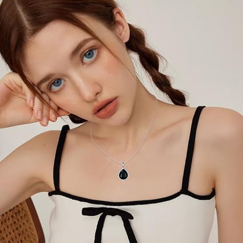 CRMAD Larimar/Opal/Lapis Lazuli/Tourmaline/Malachite/Labradorite/Turquoise/Onyx/Rose Quartz/Amber/Peridot Necklace for Women 925 Sterling Silver Teardrop Pendant Jewelry Gifts - color: black tourmaline