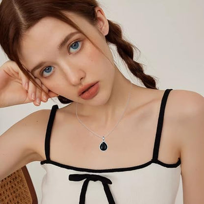 CRMAD Larimar/Opal/Lapis Lazuli/Tourmaline/Malachite/Labradorite/Turquoise/Onyx/Rose Quartz/Amber/Peridot Necklace for Women 925 Sterling Silver Teardrop Pendant Jewelry Gifts - color: black tourmaline