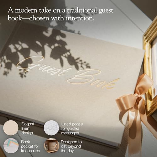 Wedding Guest Book with Keepsake Pocket & Satin Bow Closure Linen Hardcover - color: Champagne