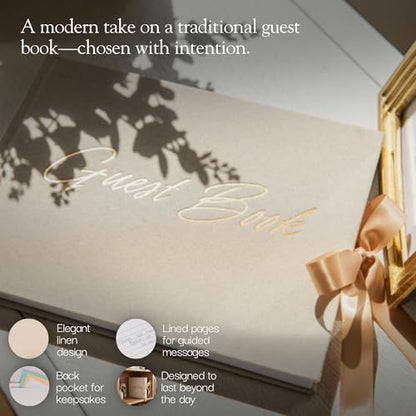 Wedding Guest Book with Keepsake Pocket & Satin Bow Closure Linen Hardcover - color: Champagne
