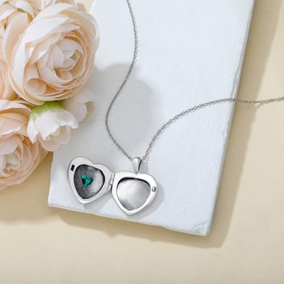 Heart Photo Locket Necklace 925 Sterling Silver Birthstone Gemstone That Holds 2 Pictures Locket Necklace Jewelry Gifts for Mother Women Mom Mother's Day Christmas Birthday - style: 05-May- Emerald-Customize