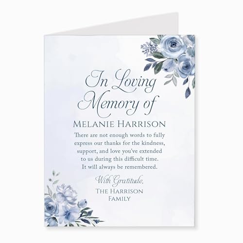 Soft Blue Floral Sympathy Thank You Cards, Folded Watercolor | Personalized, In Loving Memory Notes, Elegant Light Navy, Custom Memorial/Funeral Acknowledgment Set with Name
