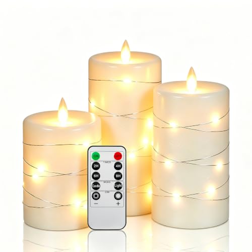 Da by 3 Pack Ivory Real Wax Flameless Taper Candles, Lifelike Flickering LED Flame Candles with Surrounding Fairy String Lights, Soft Warm Battery Candles with Remote for Home Wedding Holiday Decor - color: C#3*1