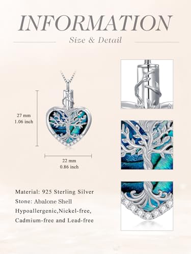WINNICACA Urn Necklaces for Ashes 925 Sterling Silver Tree of Life Heart Cremation Jewelry for Ashes Jewelry Gifts for Human Ashes Keepsake Memorial Jewelry for Women Men - style: 3-Abalone Shell Tree of Life Urn