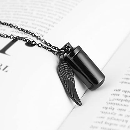 STWTR Stainless Steel Cylindrical Souvenir Capsule Pill Pendant Necklace, Cremated Ashes Pill Container Necklace - color: Black-A