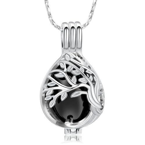Imrsanl Teardrop Urn Necklace for Ashes Tree of Life Cremation Jewelry | For Women Men, Hollow Locket Pendant, In Memory of a Beloved, Keepsake Urn for Human Pet Ashes - color: Black