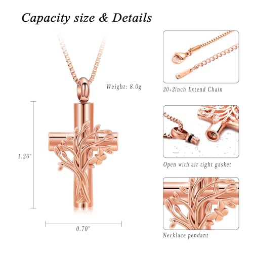 XSMZB Tree of Life Cross Cremation Jewelry for Ashes Human Pet Memorial Ashes Necklace Butterfly Cross Keepsake Pendant for Women - color: Rose Gold