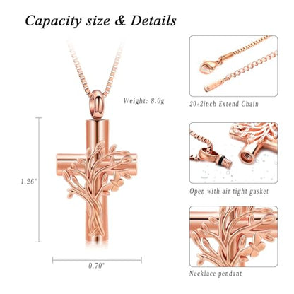 XSMZB Tree of Life Cross Cremation Jewelry for Ashes Human Pet Memorial Ashes Necklace Butterfly Cross Keepsake Pendant for Women - color: Rose Gold