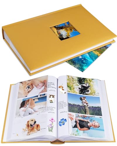 1DOT2 Photo Album for 4x6 Pictures with Writing Space, Indian Yellow | Holds 402 Photos,Linen Cover with Front Window, Acid-free Inner Pages, Ideal for Marriage Children Travel Family - color: Indian Yellow