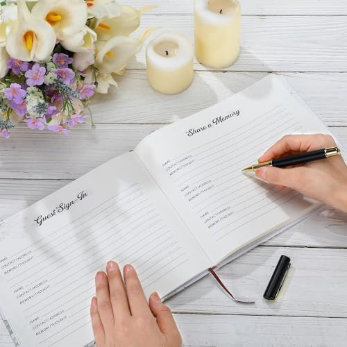 Patelai Funeral Guest Book with Pen Memorial Service Celebration of Life Sign in Book for Funeral Leather Cardinal in Loving Memorial Gift, 112 Pages(White Flower) - style: White Flower