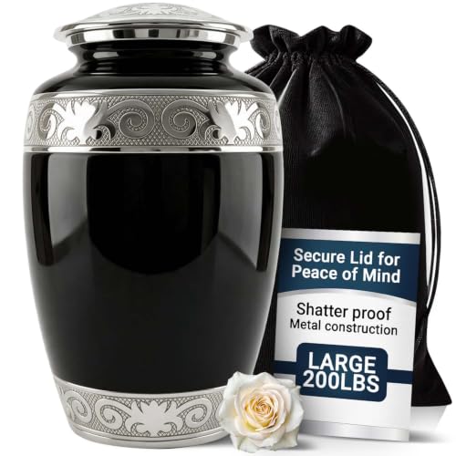 Urns for Human Ashes Adult Male and Female | Handcrafted Large 200 Cubic Inches Cremation Urn with Silver Engraving | Secure Threaded Lid | Black Memorial Urn for Burial Ashes - color: Black