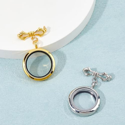 SUPERFINDINGS 2Pcs Wedding Bouquet Photo Charm Bouquet Photo Locket Charms Brass Bridal Brooches Silver Gold Bow Tie Wedding Memorial Brooches Pins Round Glass Photo Frame Pin Brooch for Bridal