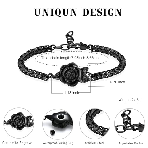 Minicremation Women's Adjustable Rose Urn Bracelet Ashes Holder Memorial Elegant Link Chain Keepsake Cremation Bangle to Hold Ashes - color: Black-A