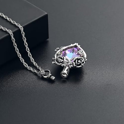 Cremation Jewelry for Ashes Rose Flower Urn Necklace with Crystal Heart Ashes Pendant Butterfly Necklaces for Women Men Memorial Keepsake Jewelry Gift - color: Silver-purple