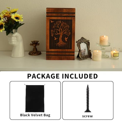 Wooden Cremation Urns for Human Ashes Adult Female Male, Handcrafted Solid Wood TSA Approved Tree of Life Urn for Ashes for Women with Bag, Full Size 300 Cubic Inches Urn (11.4” H)