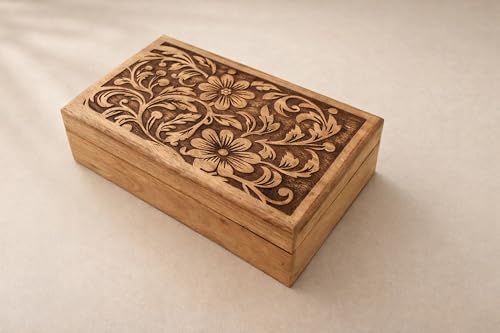 Hand Carved Wooden Large Floral Box – Decorative Wooden Keepsake Storage Box for Jewelry, Watches, Coins & Trinkets, Multipurpose Treasure Chest Organizer, Gift Box, 10 x 6 Inch - color: Design 7