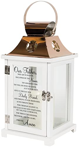 Carson Home Accents Indoor Outdoor Our Father Memorial Sympathy Copper Candle Lantern for Loss of Loved One with Automatic 6 Hour Timer and Calligraphy