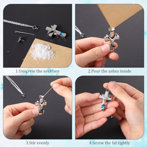 Huquary 16 Pcs Urn Necklace for Ashes Waterproof Stainless Steel Carved Ashes Locket with 8 Filling Kit Heart Cylinder Cross Cubic Fish Hook Jewelry for Ashes with Wing Diamond for Men Women - color: Light Blue