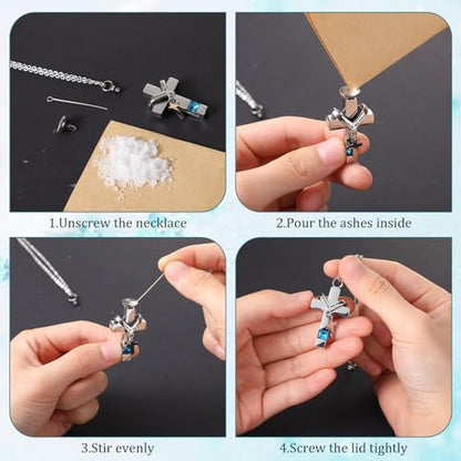 Huquary 16 Pcs Urn Necklace for Ashes Waterproof Stainless Steel Carved Ashes Locket with 8 Filling Kit Heart Cylinder Cross Cubic Fish Hook Jewelry for Ashes with Wing Diamond for Men Women - color: Light Blue