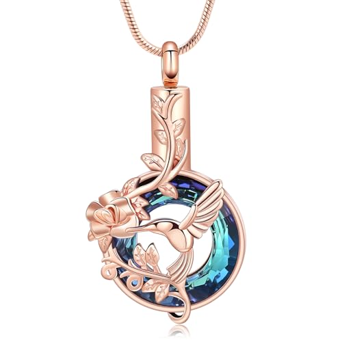Hearbeingt Hummingbird Urn Necklaces for Ashes Cremation Jewelry for Women | Stainless steel,urn pendant, memorial necklace,ash holder for human pets,keepsake jewelry,bereavement gift,with filling tool - color: Hummingbird-RoseBlue