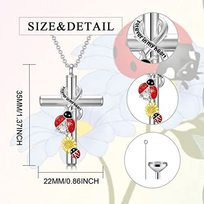 Cross Urn Necklace for Ashes 925 Sterling Silver Cremation Jewelry with Funnel Filler Kit Ashes Necklace for Human Women Girl Pets - color: G_Ladybug Urn Necklace, style: Non-personalized