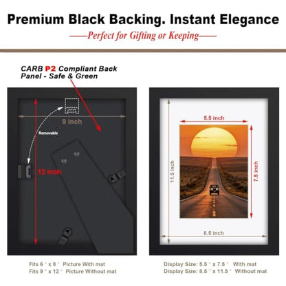 RPJC 9x12 Solid Wood Picture Frame Real Glass Cover Black - color: Black, size: 9x12 mat 6x8