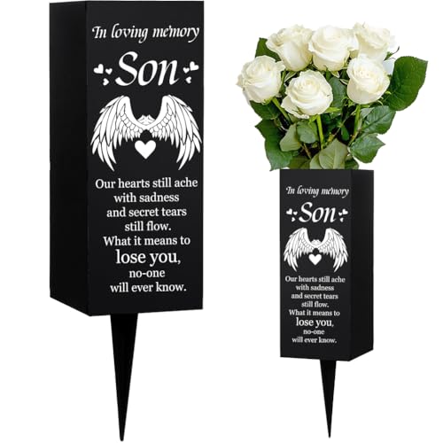 WEBEEDY Son Cemetery Vase Decorations for Grave with Spikes Wings Heart Pattern Grave Metal Vases Decorations for Cemetery Funeral Father's Day Memorial Day Decor, 1 pc, 3x8 Inch(in Loving Memory Son)