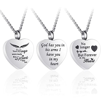 3 Pack Urn Necklace for Ashes Memorial Cremation Jewelry Ashes, Heart Silver Locket Stainless Steel Urns Pendant Keepsake with Different Words & Funnel Kit Bag
