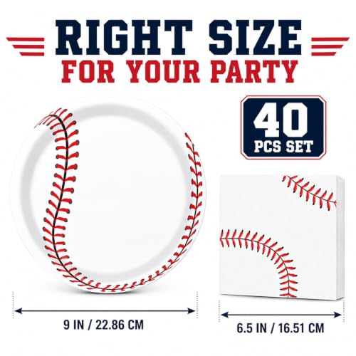 40 Pcs Baseball Plates and Napkins Set, Large 9 Inch Party Plates - color: Baseball
