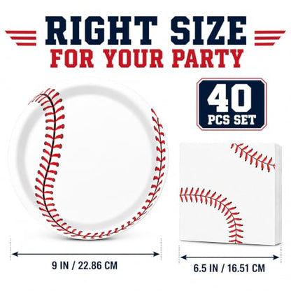 40 Pcs Baseball Plates and Napkins Set, Large 9 Inch Party Plates - color: Baseball